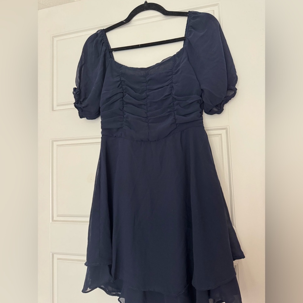 Altar'd State Blue Ruched Puff Sleeve Mini Dress